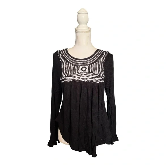 Free People Soulmate Crochet Tunic Top Black Waffle Knit Long Sleeves Size S - Picture 5 of 9